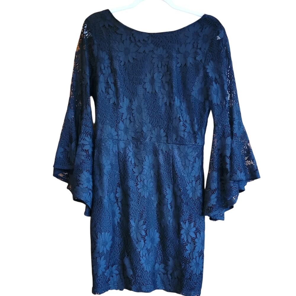 Lulus Black Lace Dress Bell Sleeve V Neck Sheer Overlay Cocktail Midi Witchy